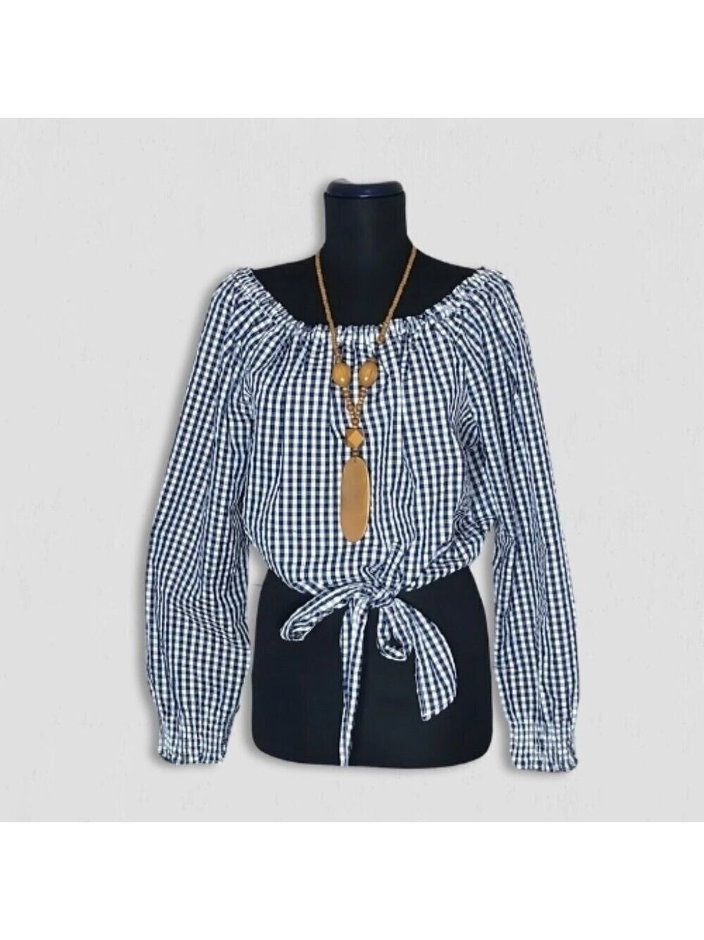 Gingham blouse off-shoulder tie waist coastal country cottage western festival M